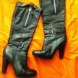 Carlos Women's Black Leather Zip Up Buckled Knee High Riding Boots